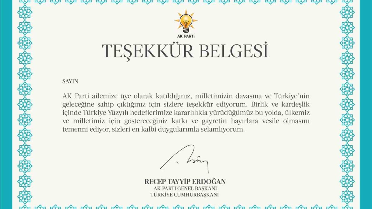 AK Parti’den 11,5 milyon üyesine Cumhurbaşkanı Erdoğan imzalı teşekkür belgesi