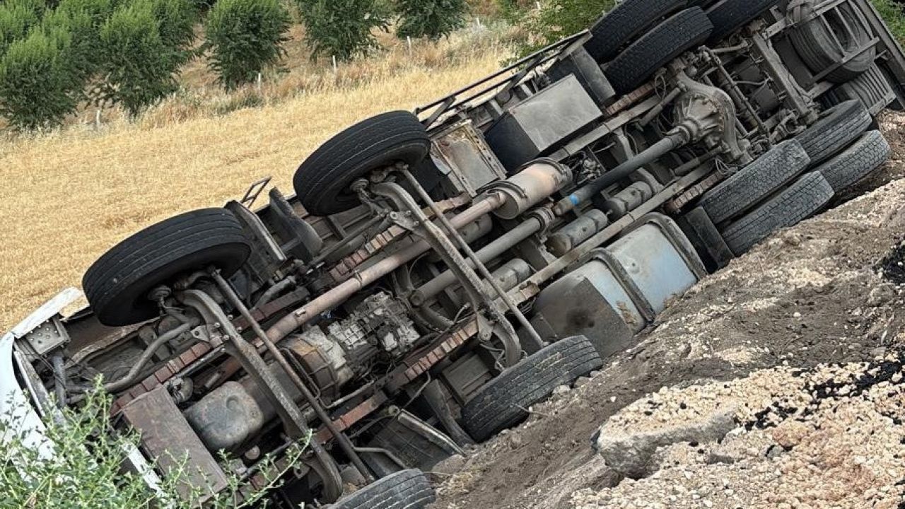Arpa yüklü kamyon şarampole devrildi