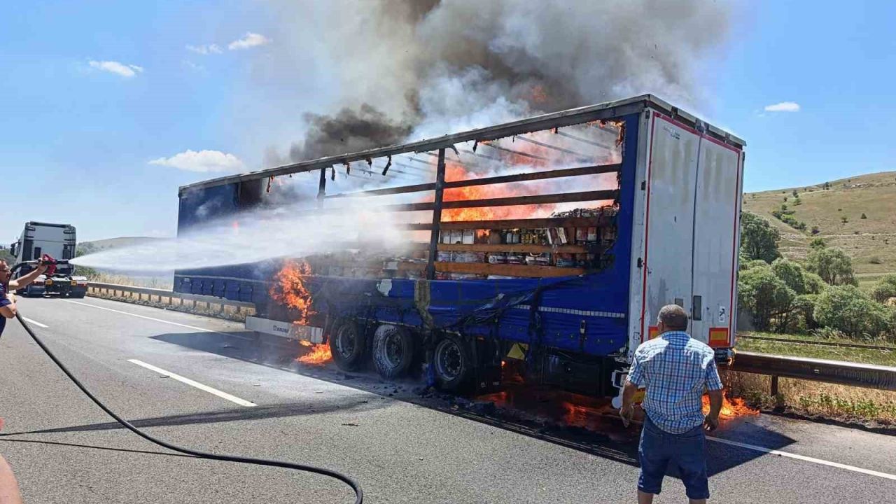 Boya yüklü tır dorsesi alev topuna döndü