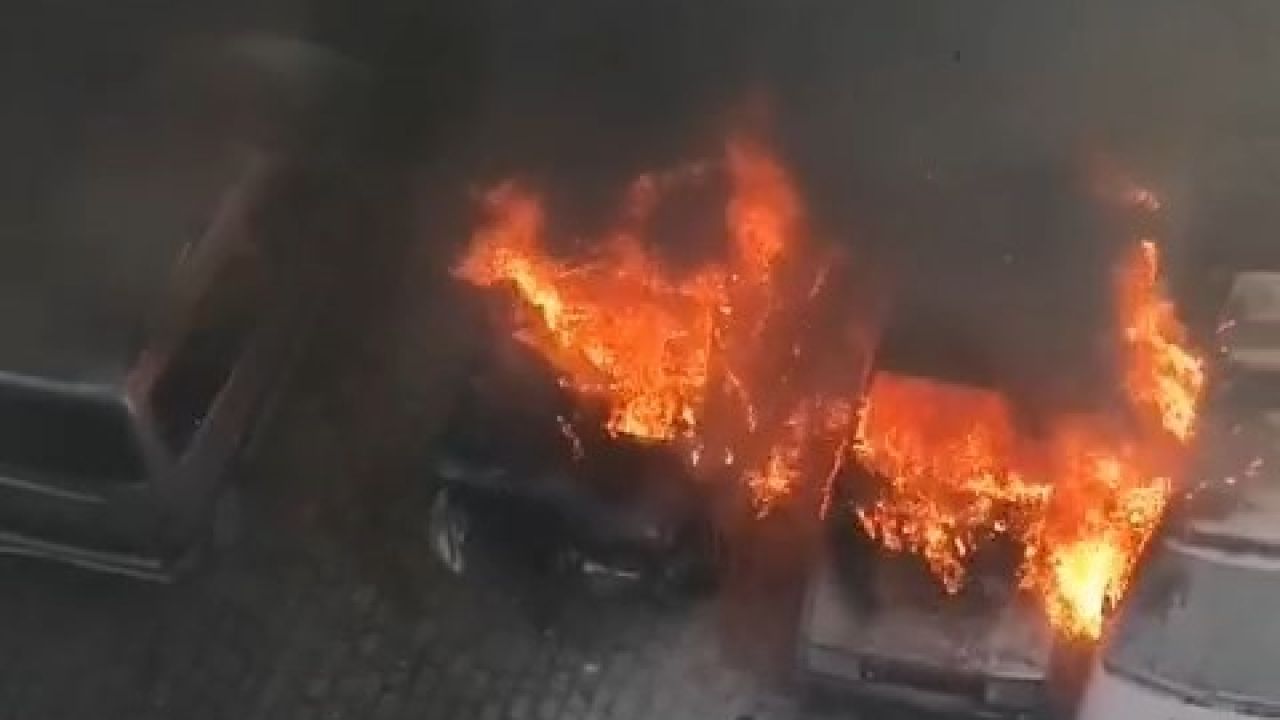 Park halindeki otomobiller alev topuna döndü